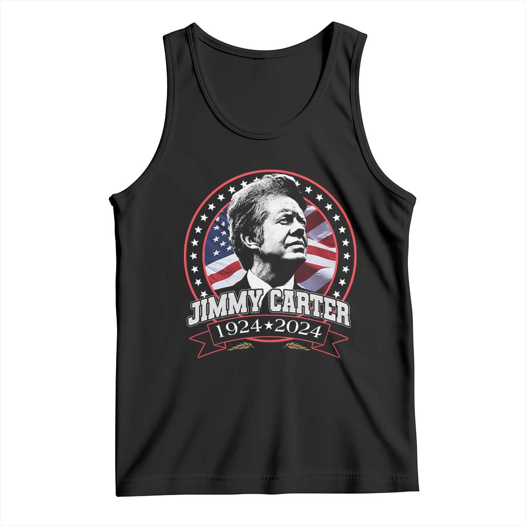 Black Jimmy Carter graphic tank top with patriotic ribbon, sleeveless crew neck