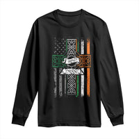Black long sleeve T-shirt with Celtic cross and American flag graphic, Irish Pride print
