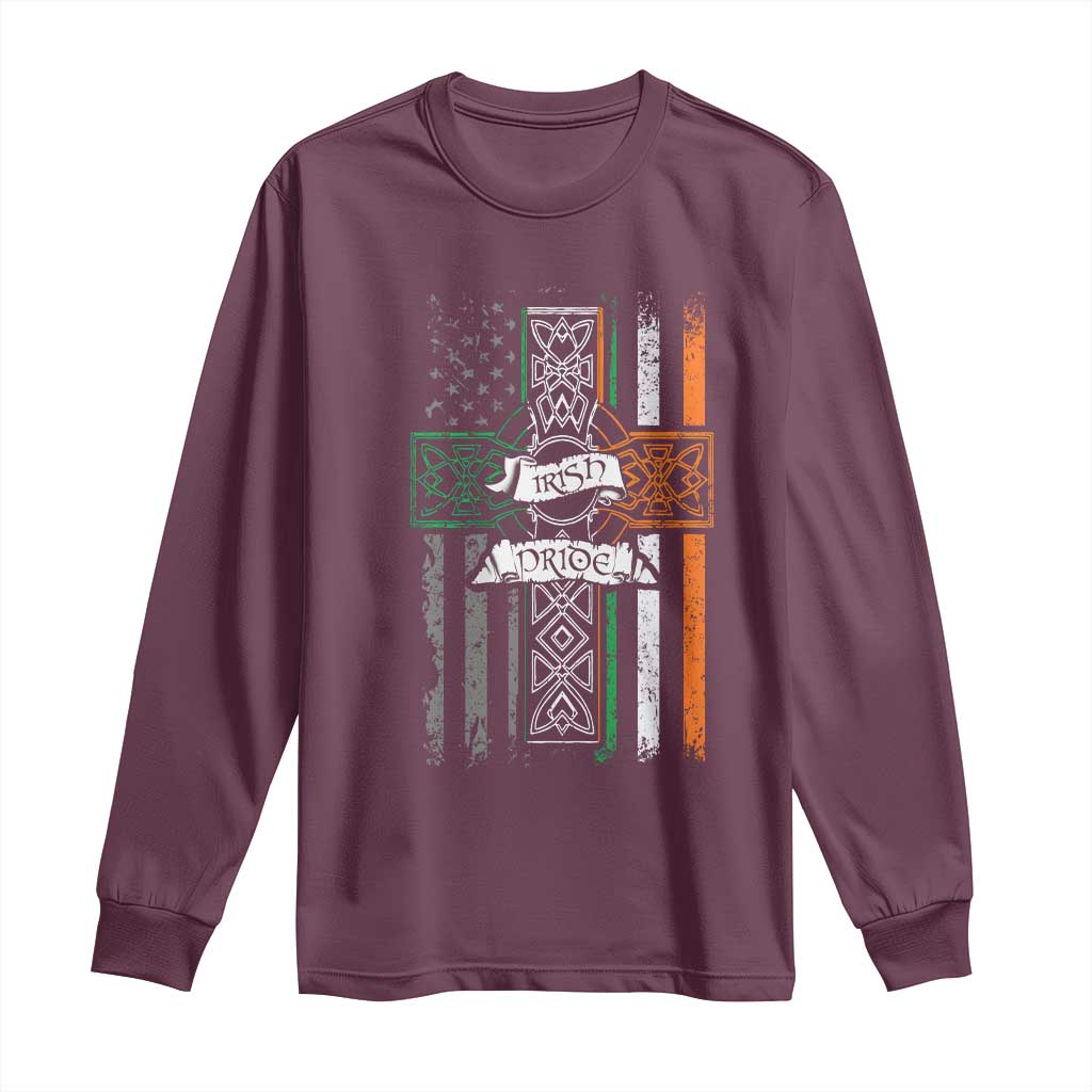 Maroon long sleeve T-shirt with Celtic cross and American flag graphic, Irish Pride print