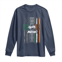 Navy long sleeve T-shirt with Celtic cross and American flag graphic, Irish Pride print