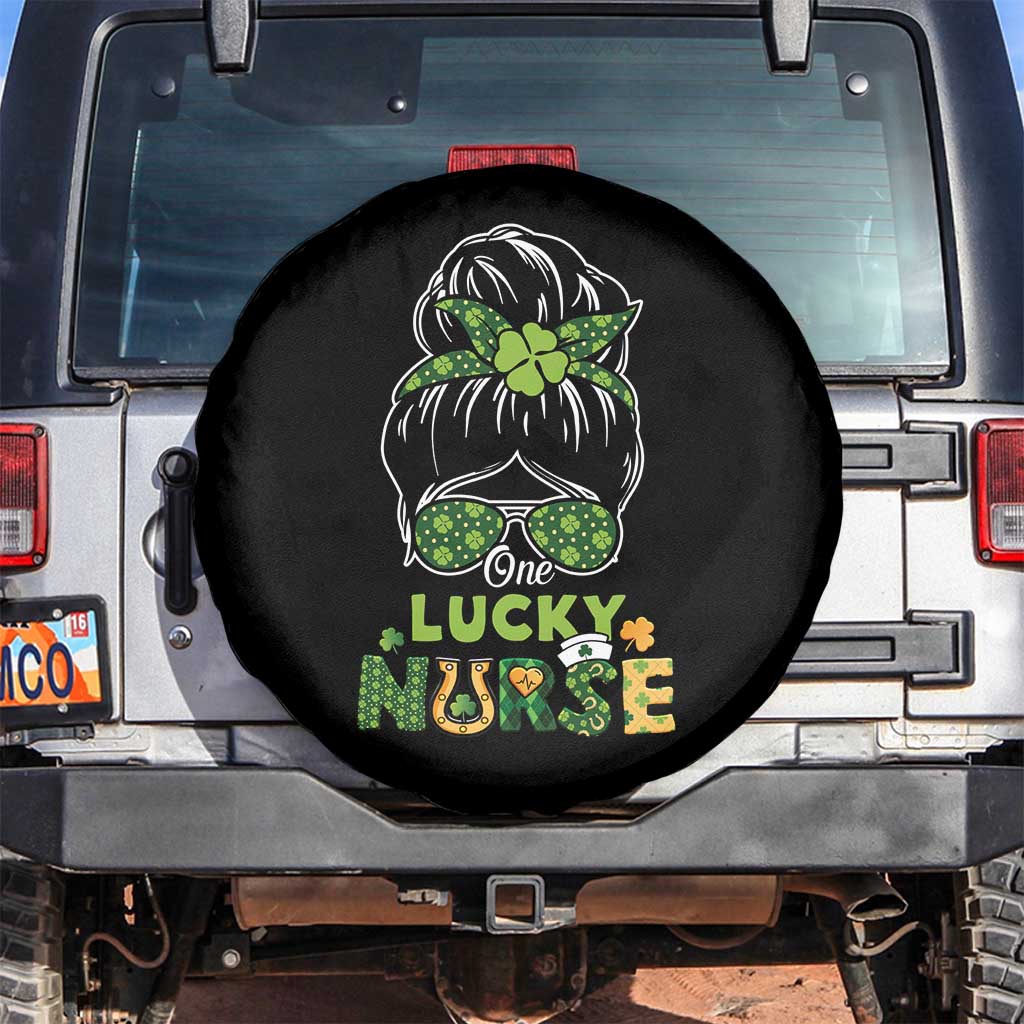 Funny One Lucky Nurse St Patricks Day Spare Tire Cover Scrub Life with Messy Bun