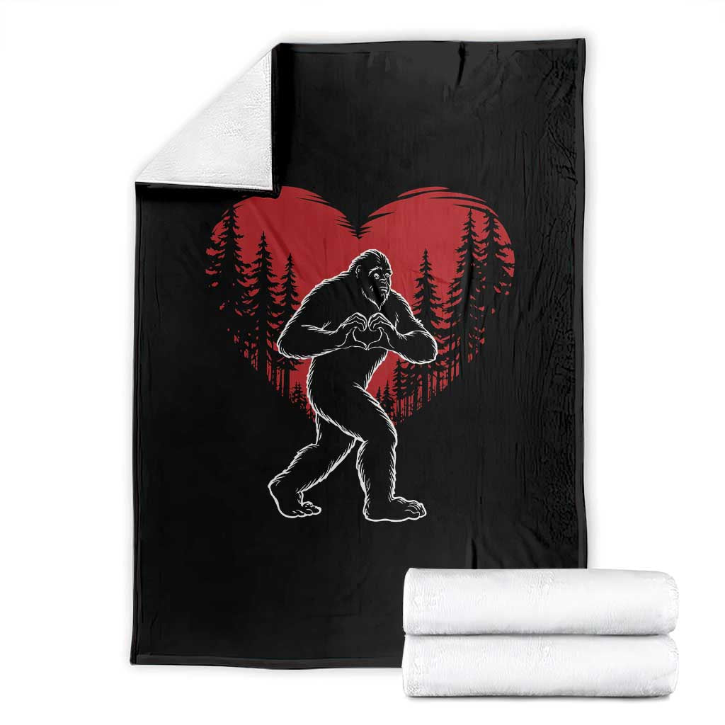 Funny Valentine Bigfoot in Love Heart Hand Sign Throw Blanket Romantic Sasquatch in Forest Valentines Day