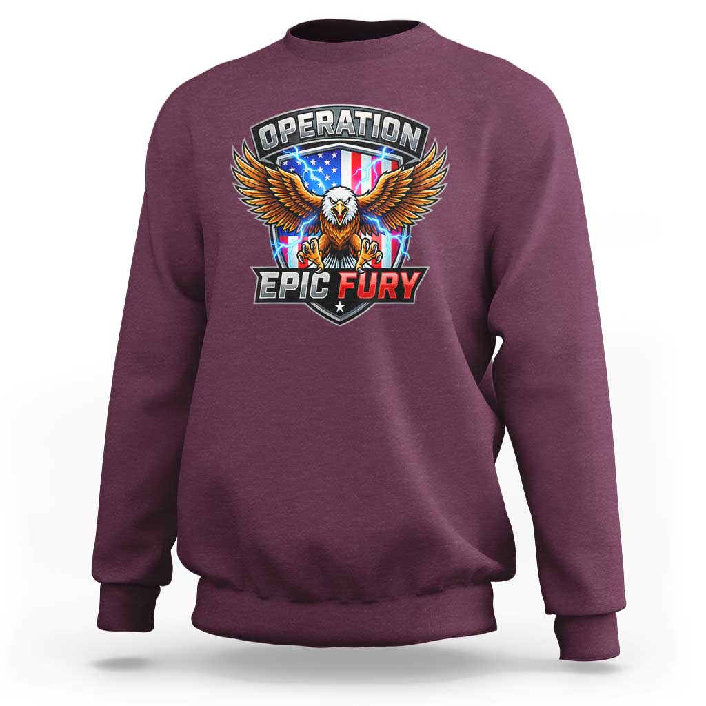 Operation Epic Fury Patriotic Bald Eagle Sweatshirt American Flag Shield Graphic Freedom Pride
