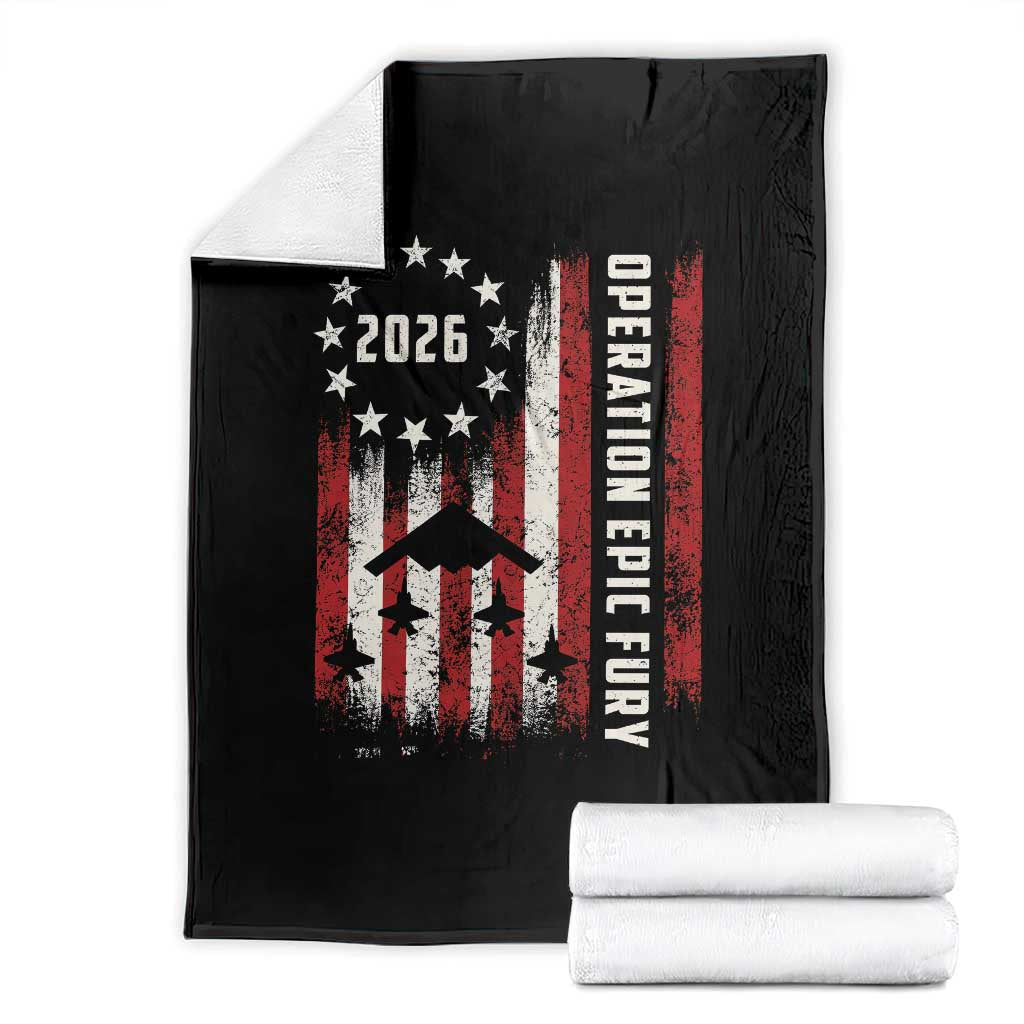 Operation Epic Fury 2026 American Flag Bomber Throw Blanket B2 Spirit Patriotic Air Dominance