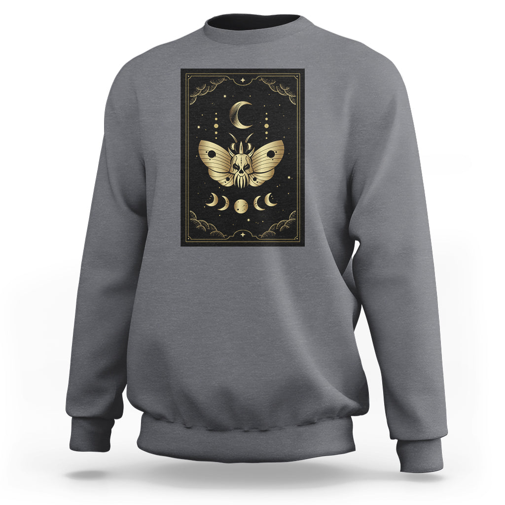 Charcoal gray crewneck sweatshirt with framed moth and moon tarot illustration on front