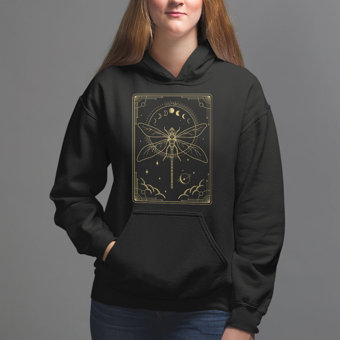 Celestial Dark Academia Dragonfly Tarot Card Moon Phases Hoodie - Wonder Print Shop