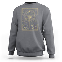 Charcoal gray crewneck sweatshirt with gold moon phases dragonfly tarot graphic