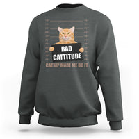 Dark green sweatshirt with cat mugshot graphic and 'BAD CATTITUDE' text