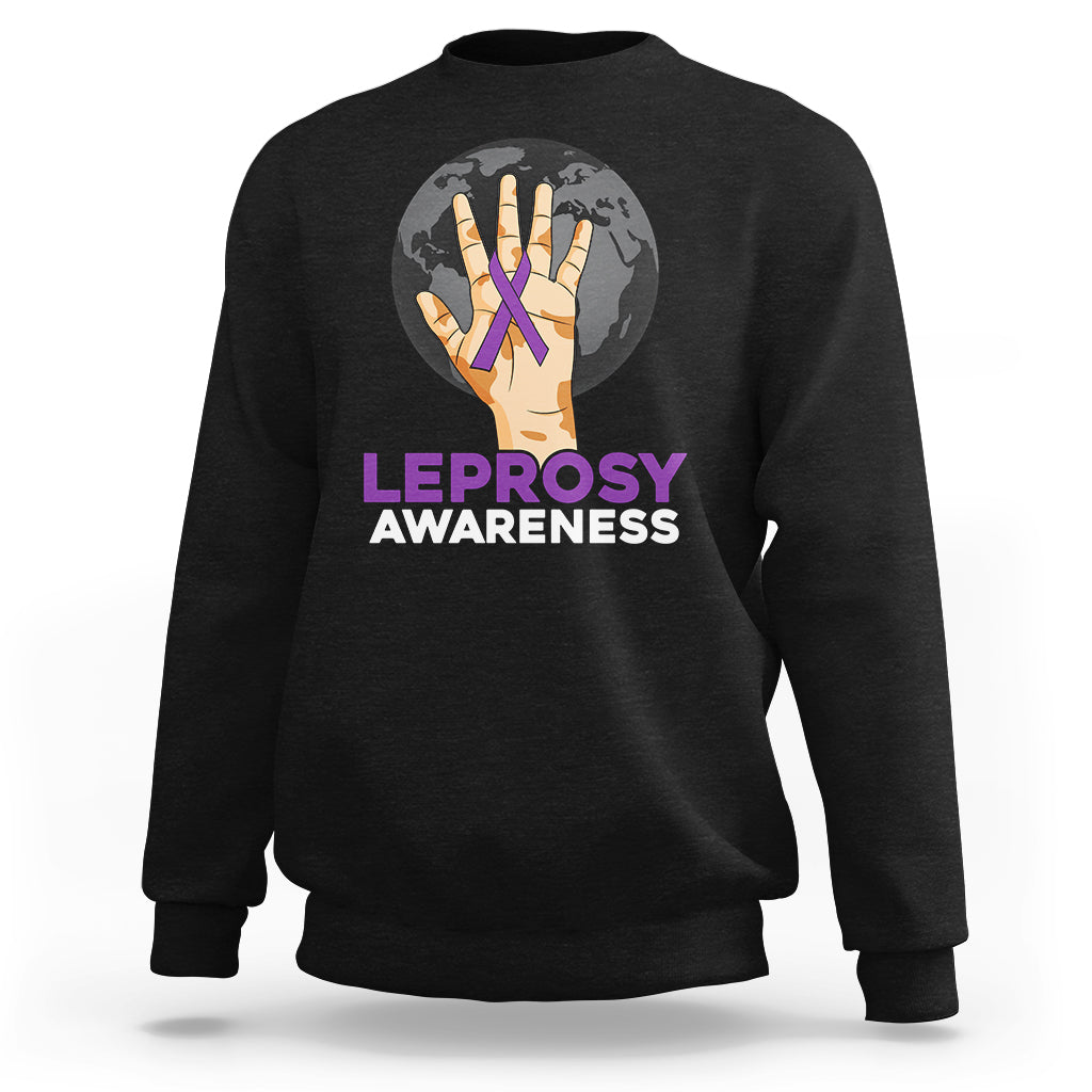 Black sweatshirt with Leprosy Awareness hands logo on front