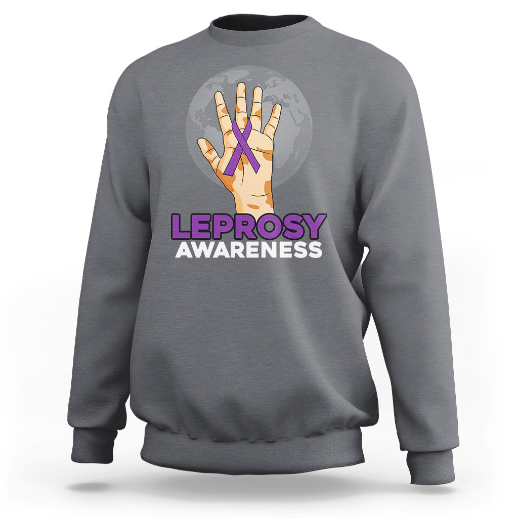 Dark heather gray sweatshirt with Leprosy Awareness hands logo on front