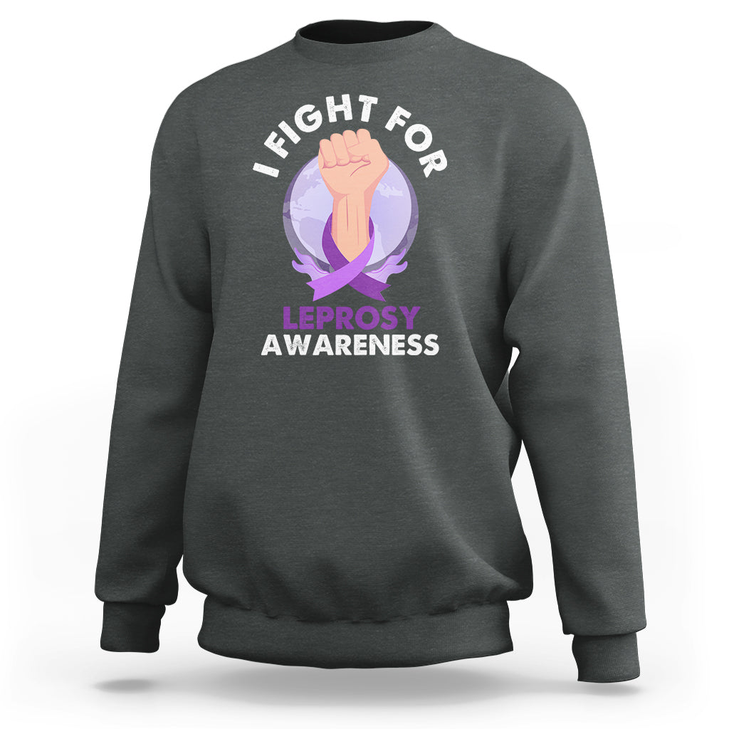 Dark heather gray crewneck sweatshirt with leprosy awareness slogan and graphic on front.