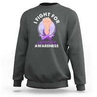 Dark heather gray crewneck sweatshirt with leprosy awareness slogan and graphic on front.