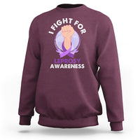 Maroon crewneck sweatshirt with leprosy awareness slogan and graphic on front.