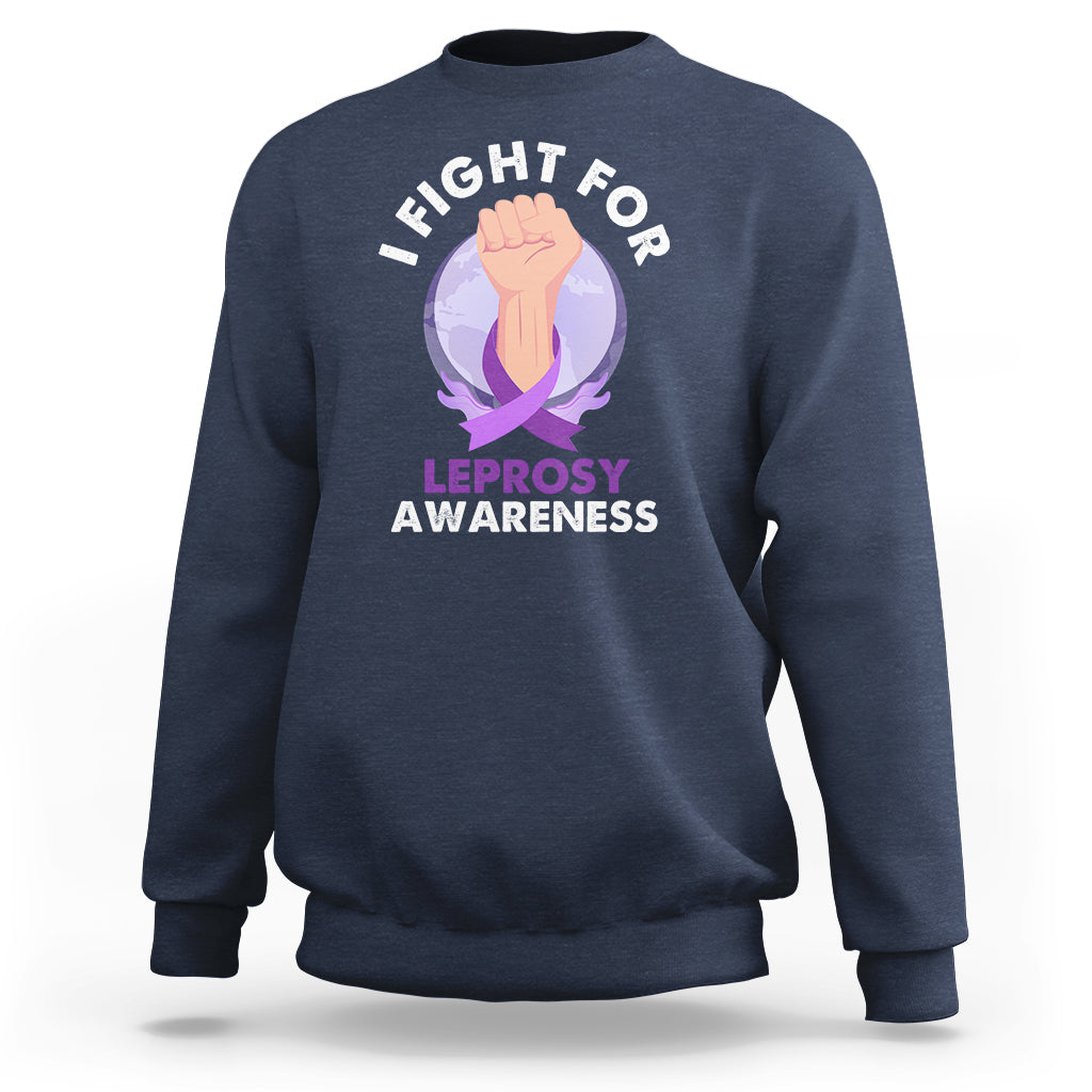 Navy crewneck sweatshirt with leprosy awareness slogan and fist graphic on front.