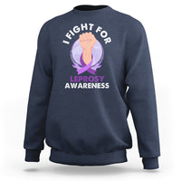 Navy crewneck sweatshirt with leprosy awareness slogan and fist graphic on front.