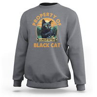 Black cat graphic sweatshirt, charcoal crewneck with bold front print