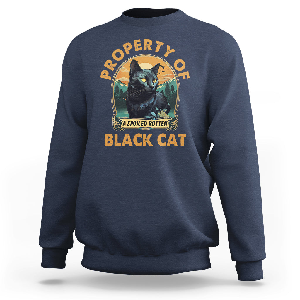 Black cat graphic sweatshirt, navy crewneck with bold front print