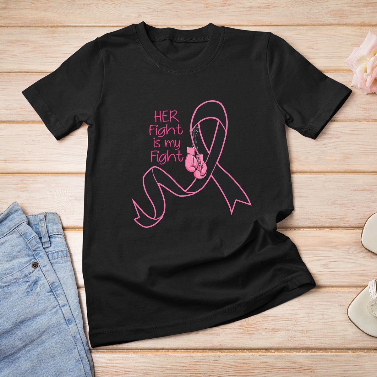 Breast Cancer Awareness T Shirt Her Fight Is My Fight Pink Ribbon Boxing Gloves - Wonder Print Shop