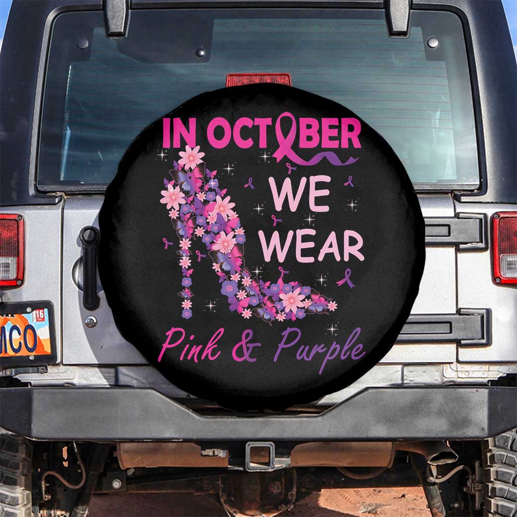 Breast Cancer And Domestic Violence Spare Tire Cover In October We Wear Pink and Purple Floral High Heel Support Women