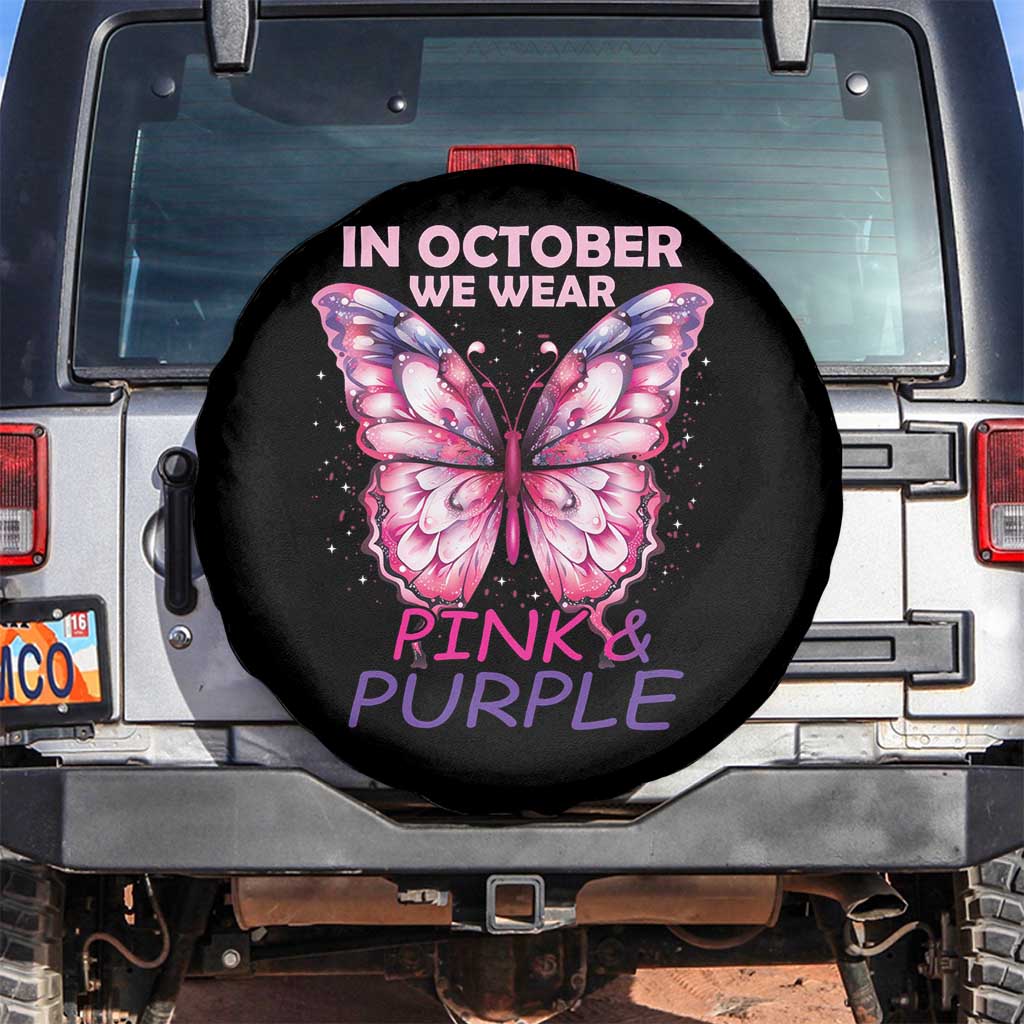 Breast Cancer And Domestic Violence Spare Tire Cover In October We Wear Pink and Purple Butterfly Support Squad