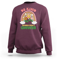 Be kind graphic crewneck sweatshirt, maroon with rainbow flower bee front print