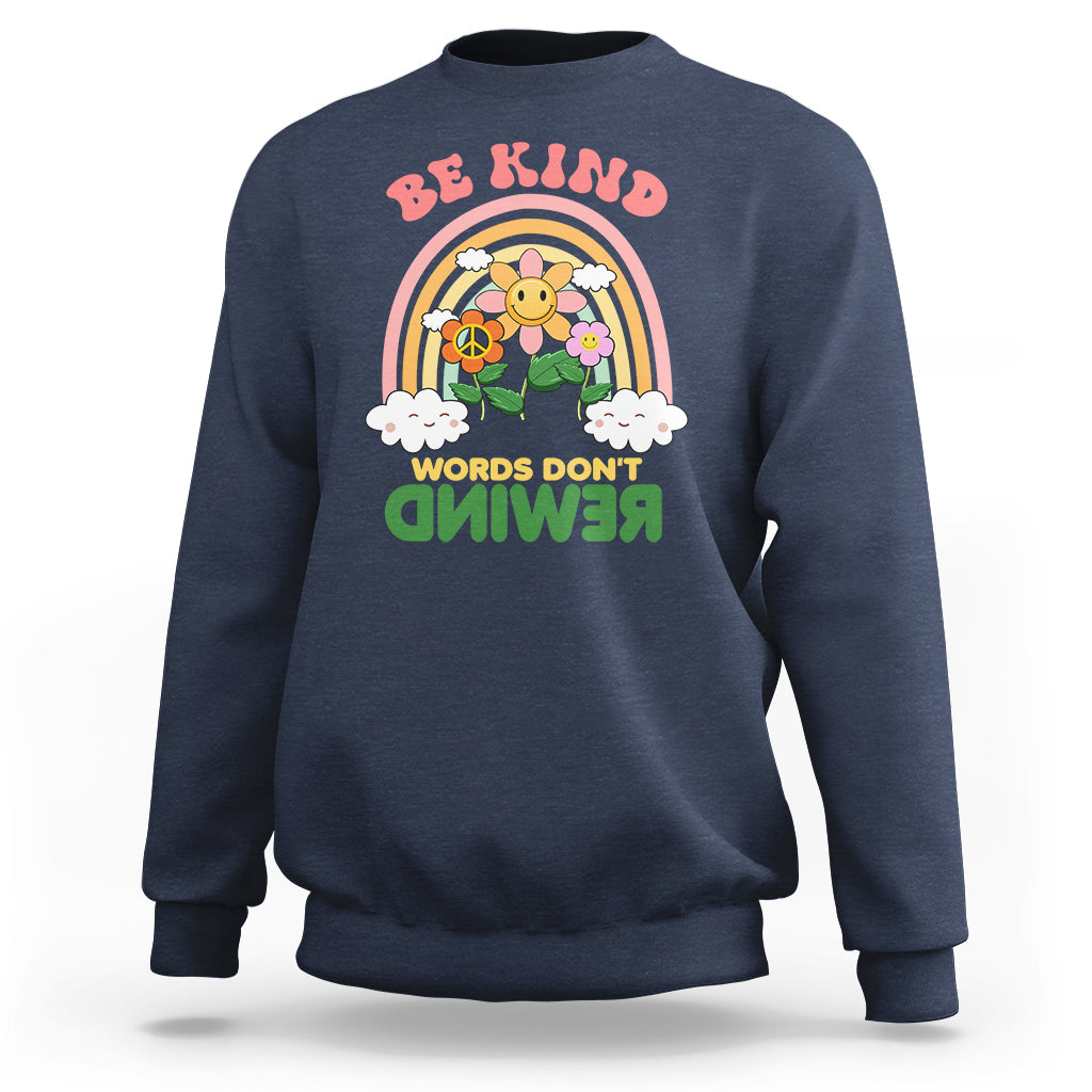 Be kind graphic crewneck sweatshirt, navy with rainbow flower bee front print