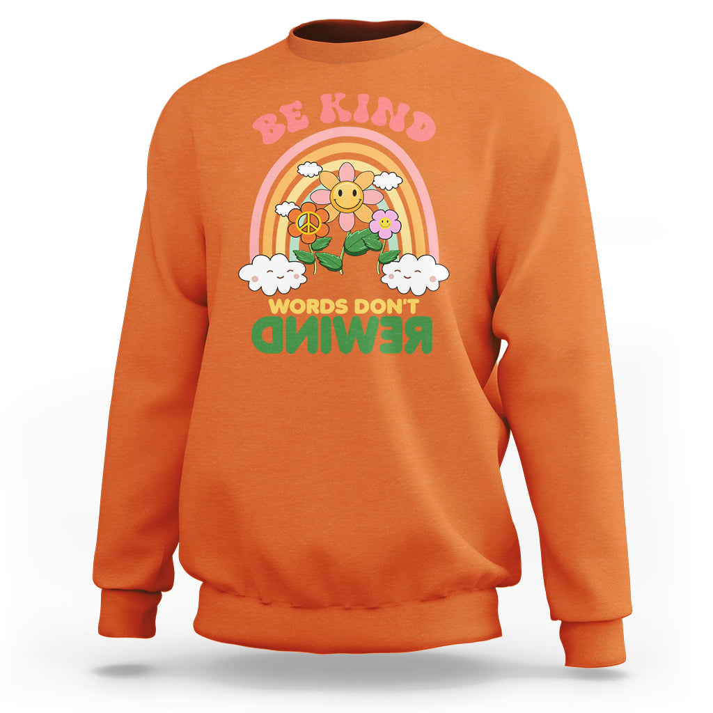 Be kind graphic crewneck sweatshirt, orange with rainbow flower bee front print