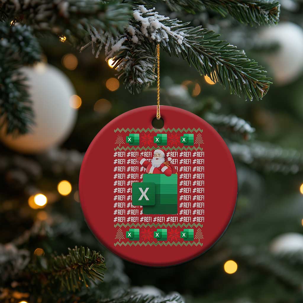 Red circular Christmas ornament hanging with Santa and '#REF!' spreadsheet error pattern.