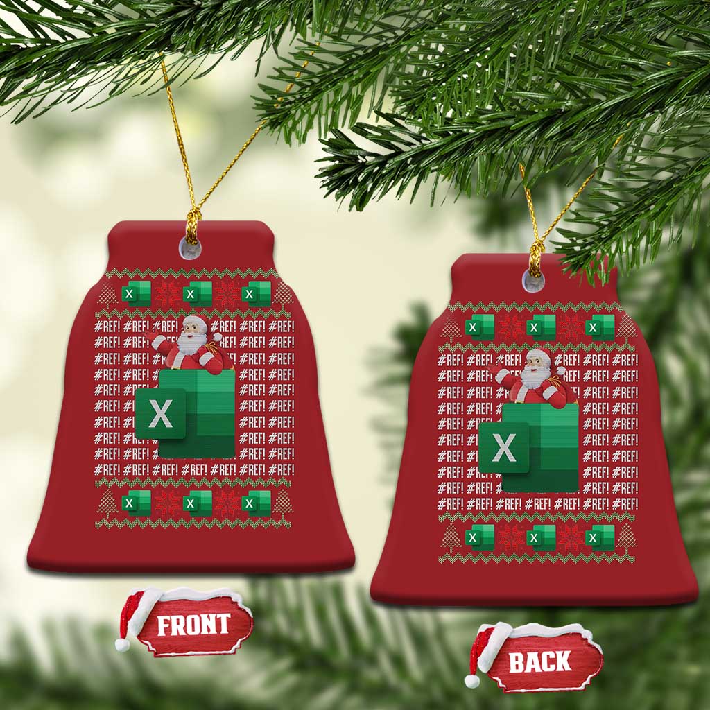 Pair of red bell-shaped Christmas ornaments with Santa and '#REF!' spreadsheet error pattern.