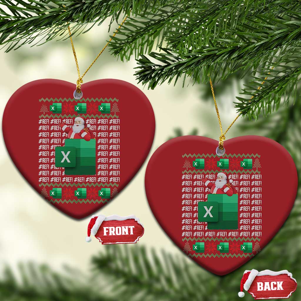 Pair of red heart-shaped Christmas ornaments with Santa and '#REF!' spreadsheet error pattern.