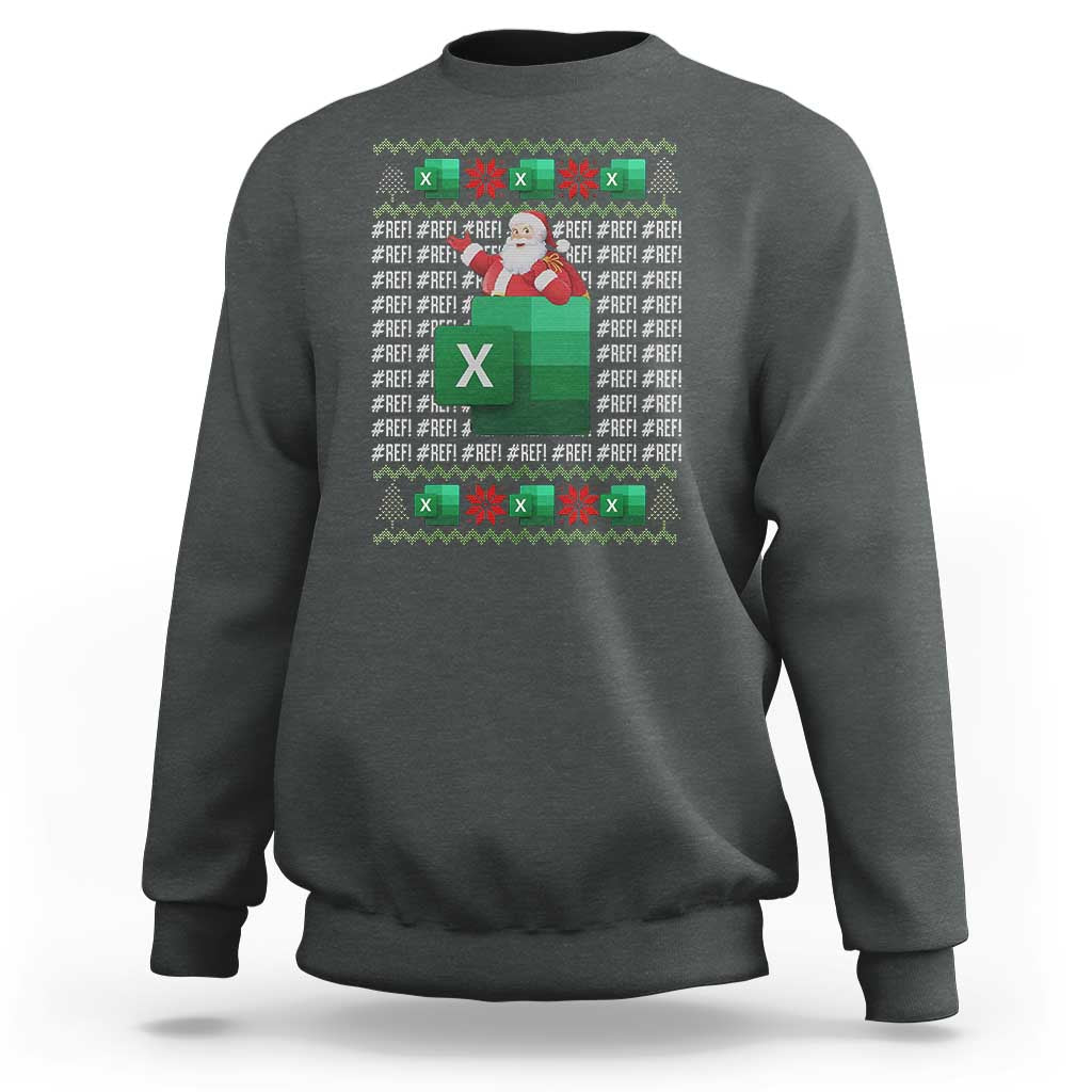 Dark heather gray Christmas sweatshirt with Excel error and Santa graphic on back