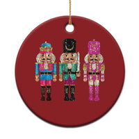 Red round nutcracker sequin ornament, three characters, gold hanging loop