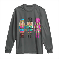 Dark heather long-sleeve shirt with three sequin nutcracker character prints on chest.