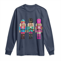 Navy long-sleeve shirt with three sequin nutcracker character prints across chest.