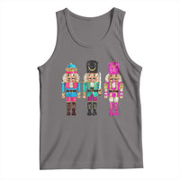 Dark heather tank top with colorful sequin nutcracker trio front graphic