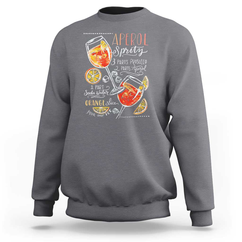 Charcoal gray sweatshirt with Aperol Spritz cocktail graphic on front