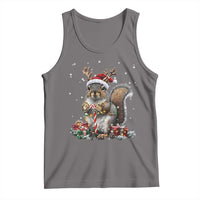 Dark gray Christmas squirrel tank top with Santa hat, candy cane and gifts graphic
