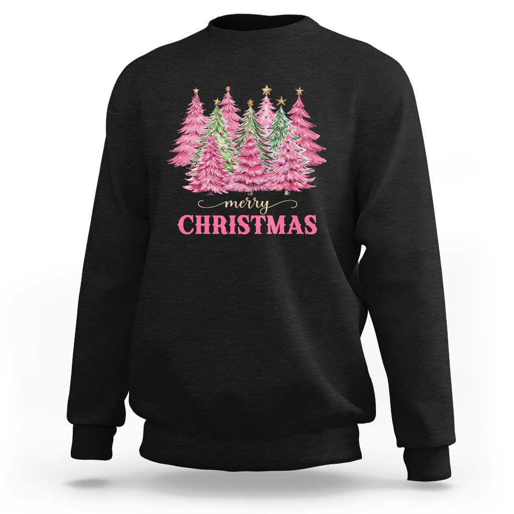 Dark charcoal Christmas sweatshirt with pink tree graphic and 'Merry Christmas' text
