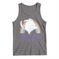 Dark gray cat graphic tank top with pastel rainbow and slogan print, sleeveless