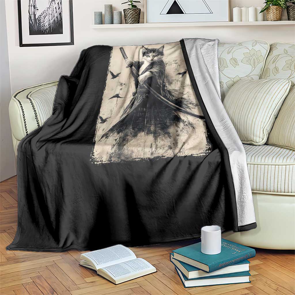 Samurai Cat Graphic Throw Blanket Warrior Vintage Japanese Art Anime - Wonder Print Shop
