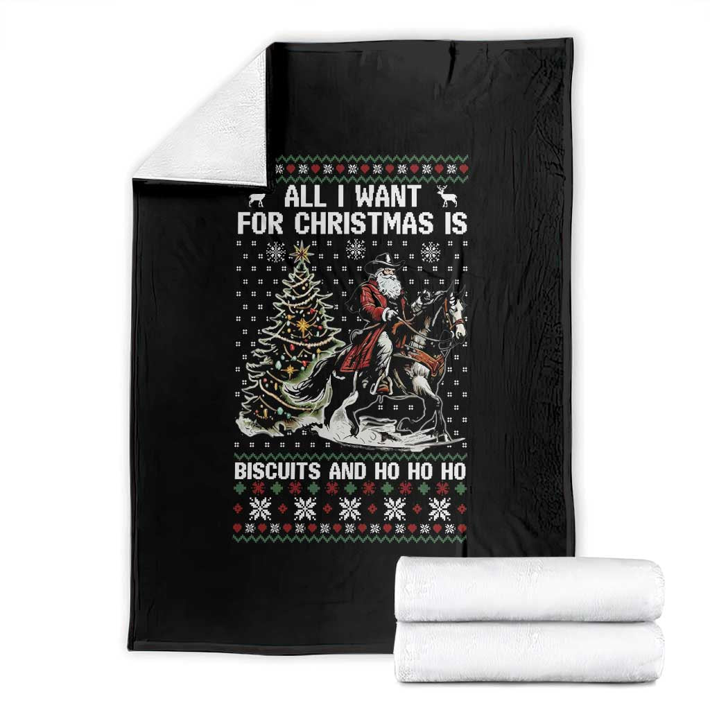 Funny Western Christmas Cowboy Santa Throw Blanket All I Want for Christmas Is Biscuits and Ho Ho Ho - Wonder Print Shop