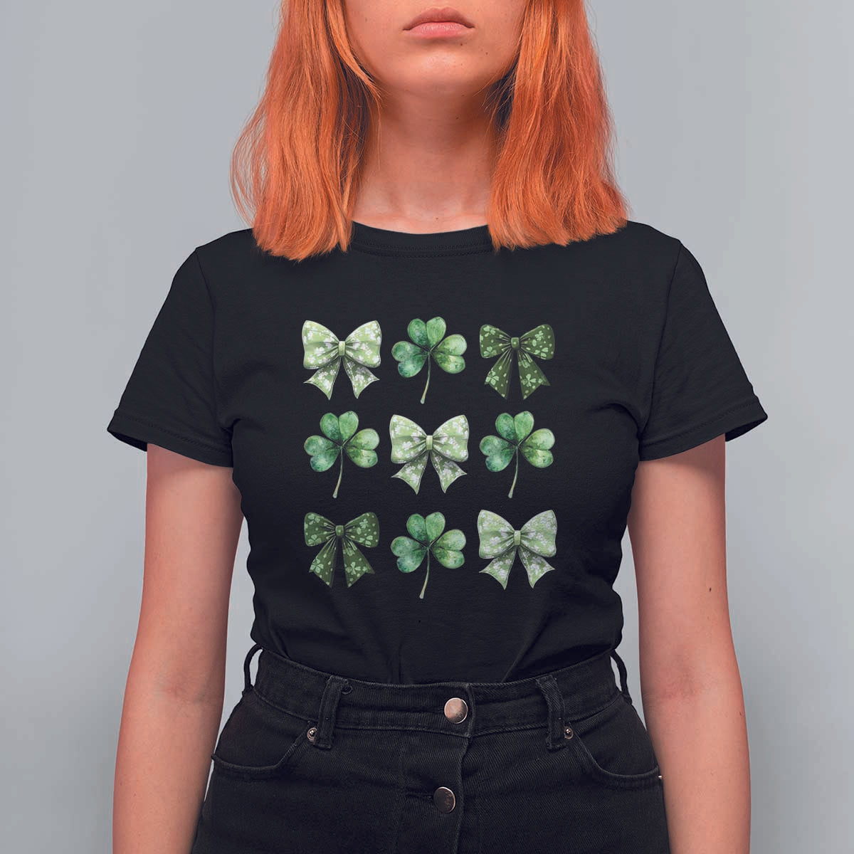 St Patricks Day Coquette Bow T Shirt For Women Lucky Shamrock Aesthetic