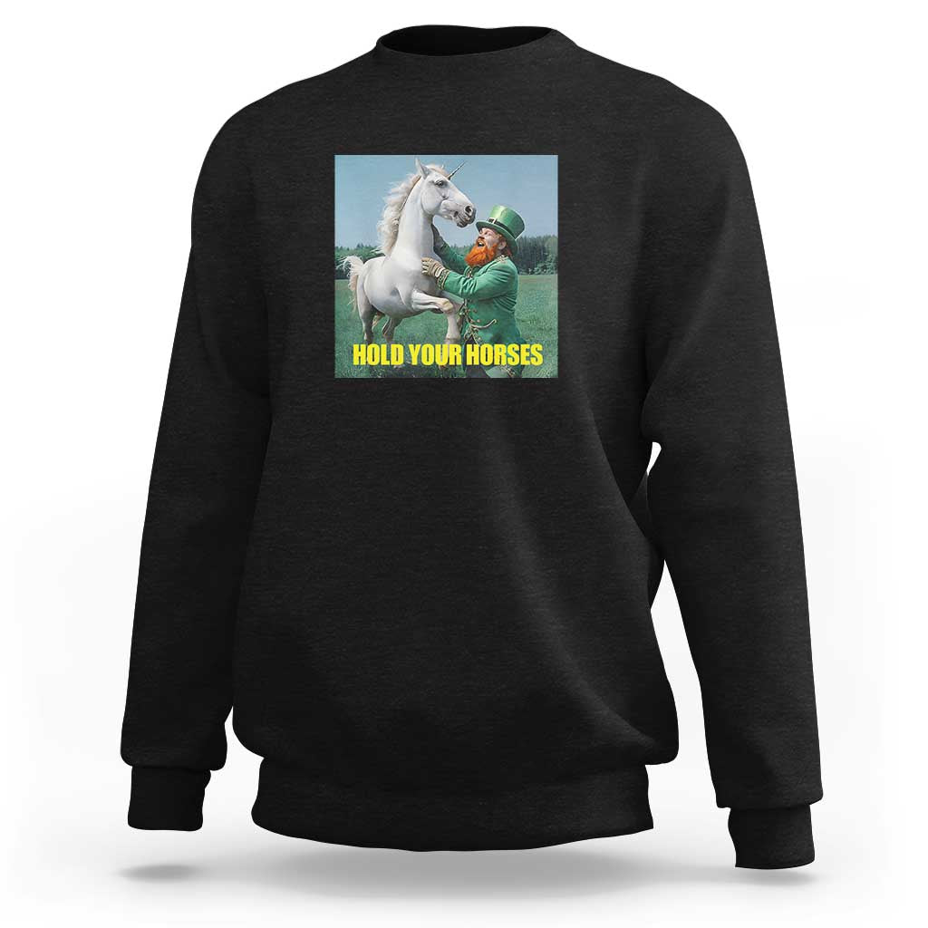 Black crewneck sweatshirt, back graphic: unicorn and 'HOLD YOUR HORSES' text