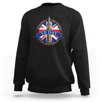 VE Day 80th Anniversary sweatshirt, black crewneck, long sleeves, front graphic