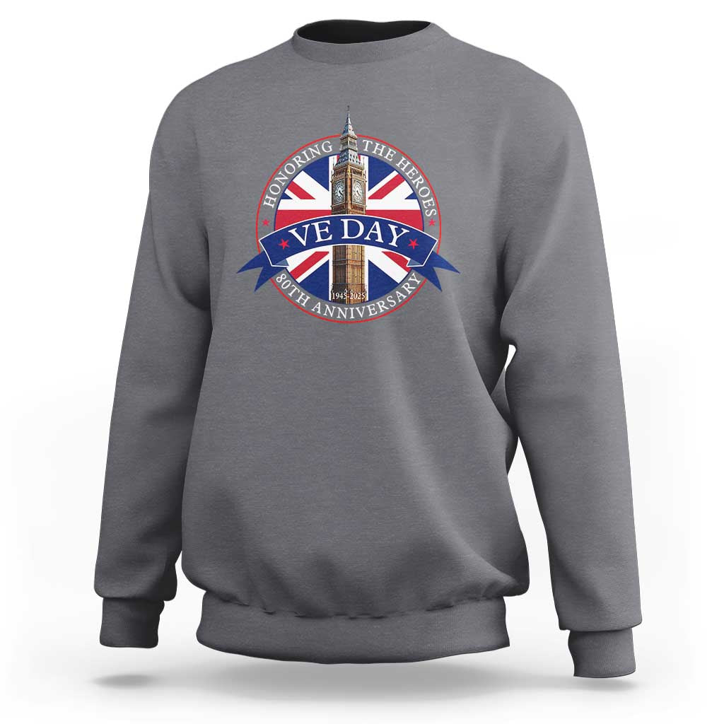 VE Day 80th Anniversary sweatshirt, charcoal crewneck, long sleeves, front graphic