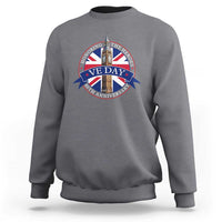 VE Day 80th Anniversary sweatshirt, charcoal crewneck, long sleeves, front graphic