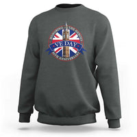 VE Day 80th Anniversary sweatshirt, dark heather crewneck, long sleeves, front graphic