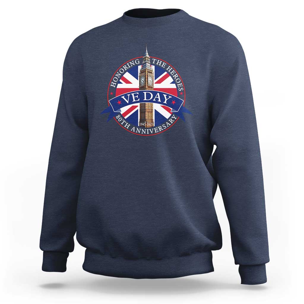 VE Day 80th Anniversary sweatshirt, navy crewneck, long sleeves, front graphic