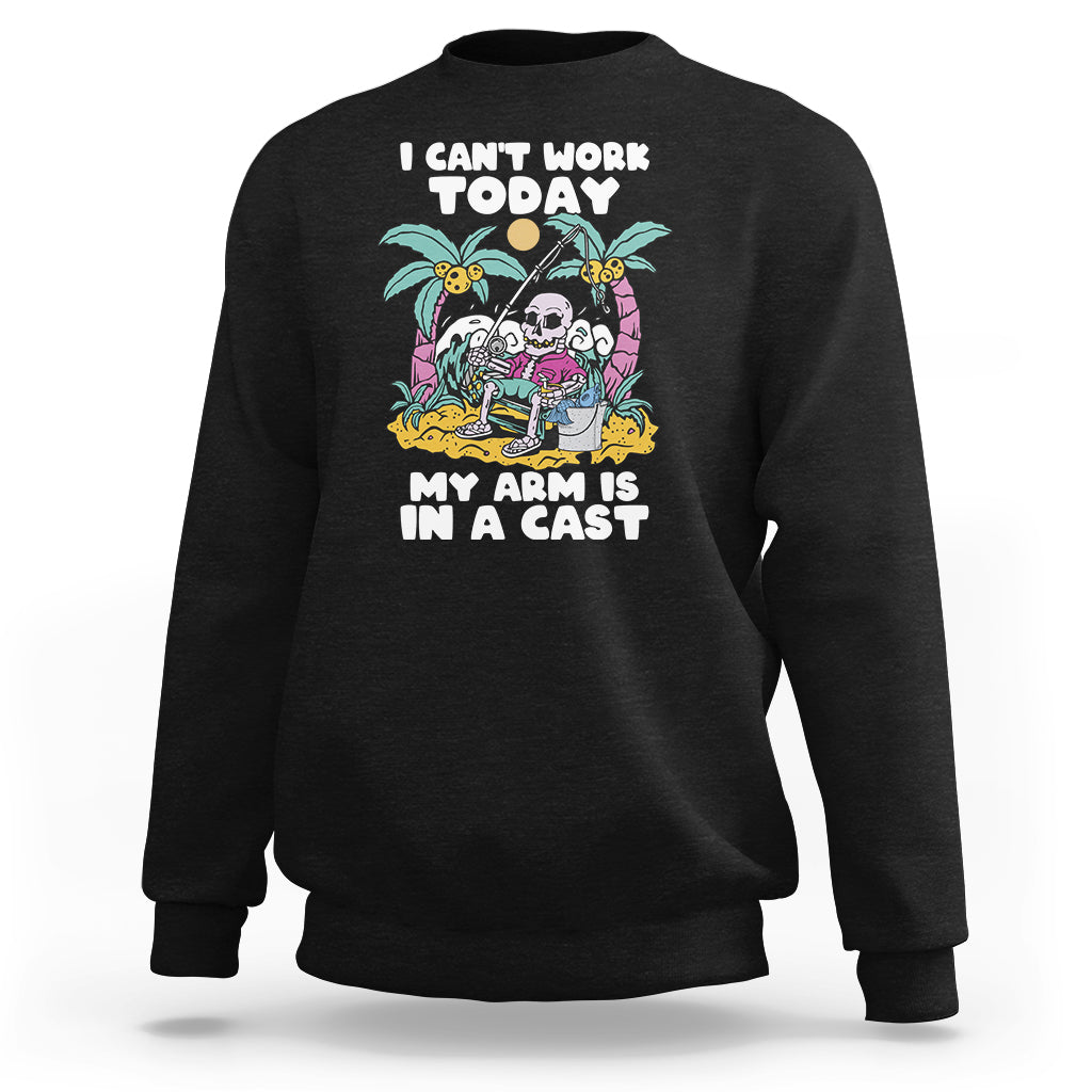 Men's fishing sweatshirt in black with “I can't work today” arm cast graphic