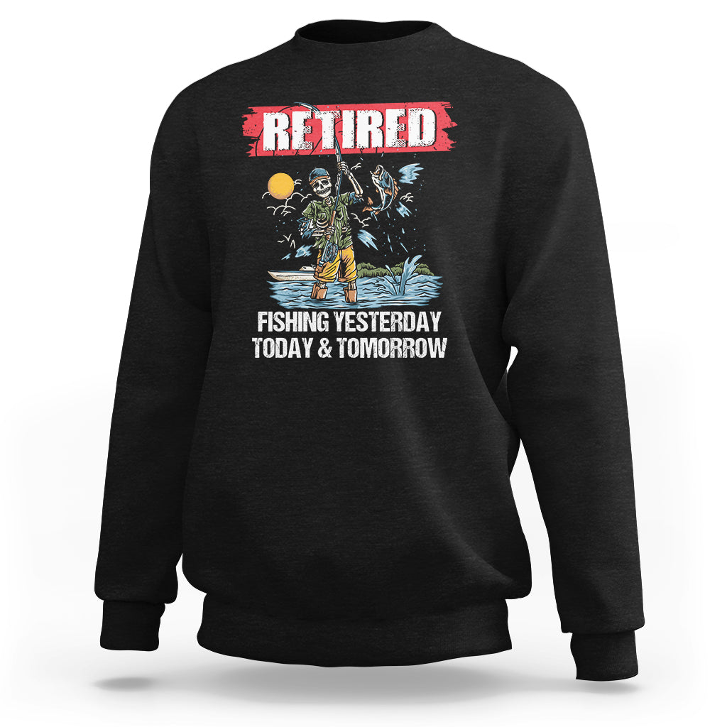 Black fishing retirement sweatshirt with skeleton angler graphic and “Retired” text